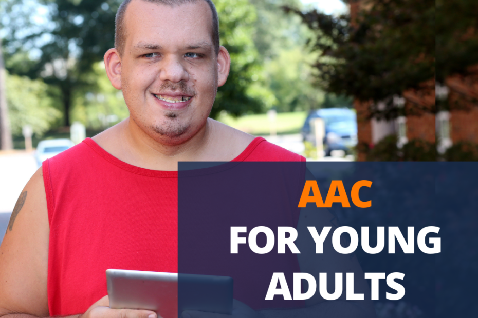 young adult holding aac device
